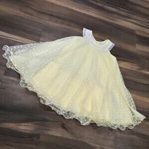 Vintage Bonnie Jean Girls Yellow Lace Polka Dot Collar Easter Dress Size 12 Flaw